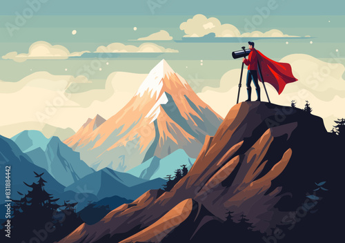 Businessman Seeking Vision, Opportunities & Success Journey | Leadership, Career Goals, Job Discovery | Telescope Viewpoint Scenery