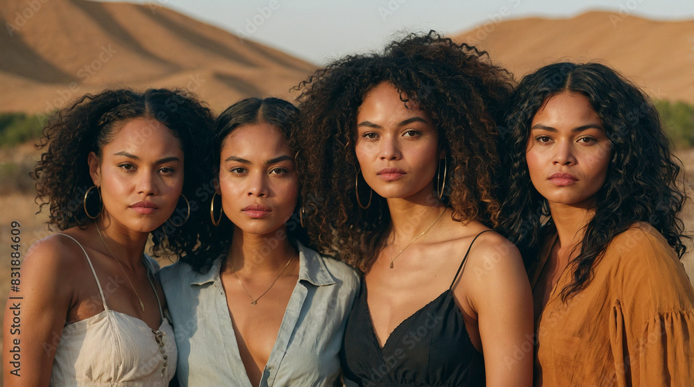 Obraz premium A group of four women stand closely together, confident expressions on their faces, with rolling desert dunes behind them, captured beautifully in the golden light