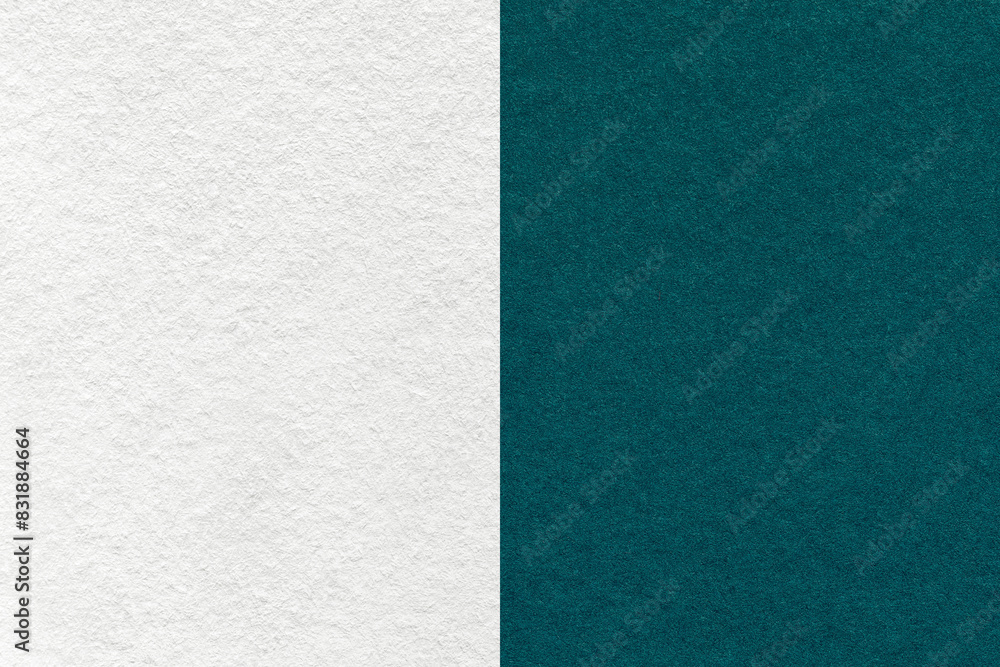 Texture of craft white and emerald paper background, half two colors, macro. Vintage dense teal cardboard. Texture of craft white and emerald paper background, half two colors, macro. Vintage dense teal cardboard.