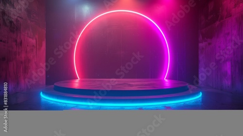 Vibrant neon lights adorn a futuristic podium in sleek setting