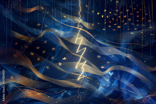 Electric indigo and gold bolt against a fluid background with patriotic colors.