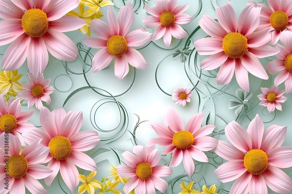 3d wallpaper stretch ceiling decoration with orange and yellow flowers, pink peonies and white swirls. Background vector for wall mural. 3d wallpaper stretch ceiling decoration with orange and yellow flowers, pink peonies and white swirls. Background vector for wall mural.