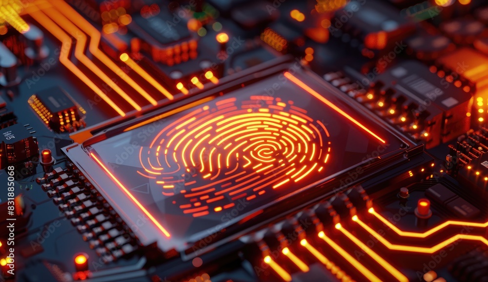 Glowing Fingerprint on Futuristic Circuit Board Glowing Fingerprint on Futuristic Circuit Board