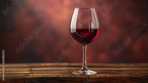 A glass of red wine on a rustic wooden table.