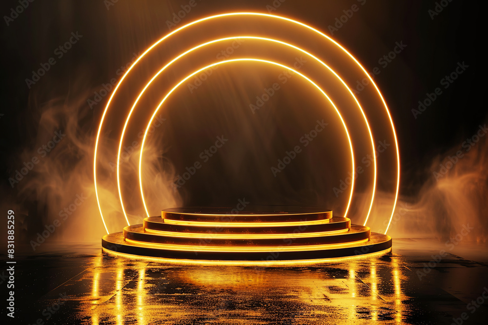 Obraz premium Golden abstract round stage for award on dark background with smoke.