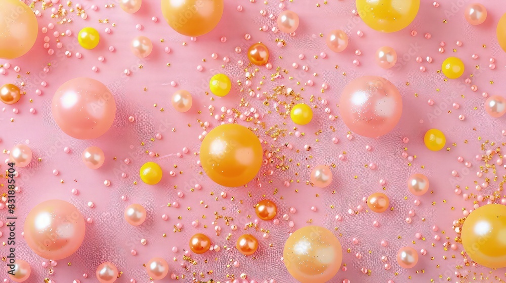 A salmon pink background dotted with yellow and orange pearls, accented with soft pink glitter, perfect for a warm and inviting baby girl's birthday party. A salmon pink background dotted with yellow and orange pearls, accented with soft pink glitter, perfect for a warm and inviting baby girl's birthday party.