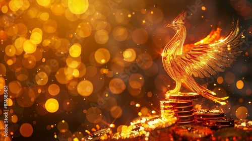 A fiery phoenix perched atop a glowing digital coin representing the resurgence of digital currency. photo