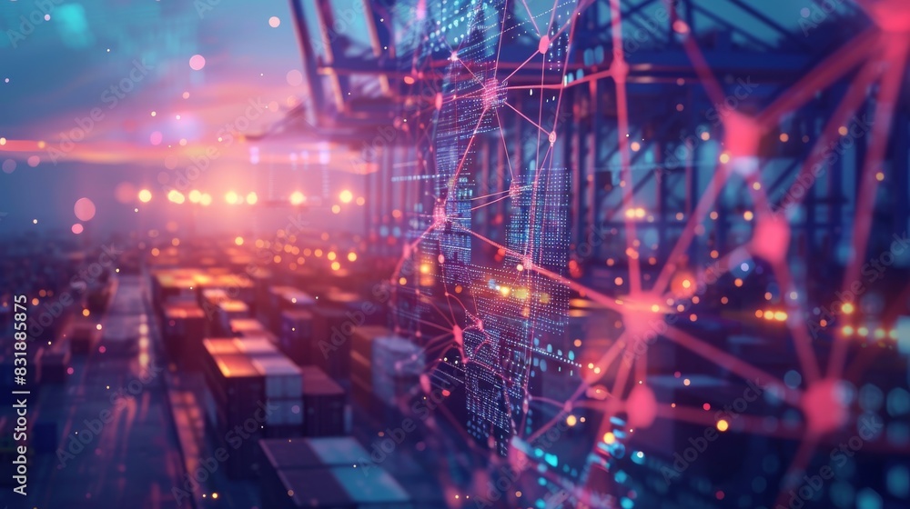 Fototapeta premium Advanced logistics systems in manufacturing close up, focus on, copy space, vibrant colors, Double exposure silhouette with supply chains