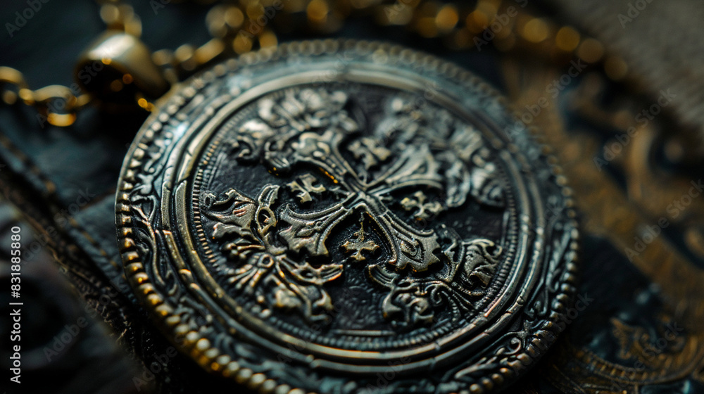 A detailed shot of a religious pendant or medallion, showing intricate engravings and symbols. A detailed shot of a religious pendant or medallion, showing intricate engravings and symbols.