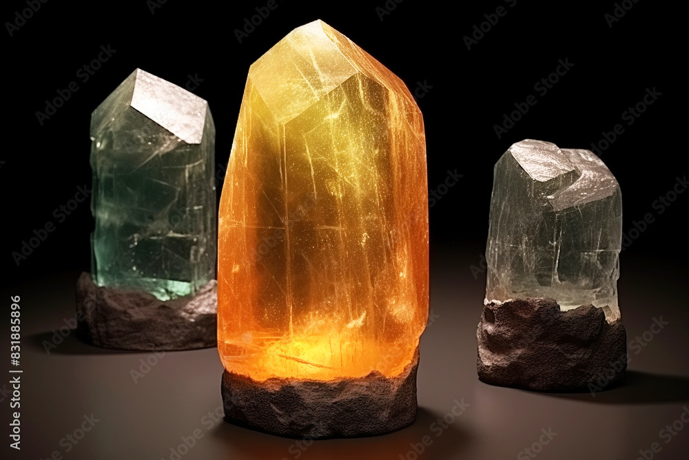 Obraz premium Heliodor is rare precious natural stone on black background. AI generated. Header banner mockup with space.