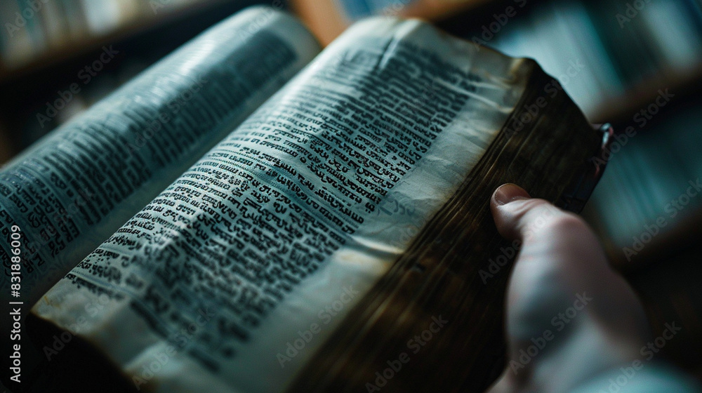 Fototapeta premium A close-up of a Torah scroll being read, with focus on the Hebrew text and the readerâs hand.