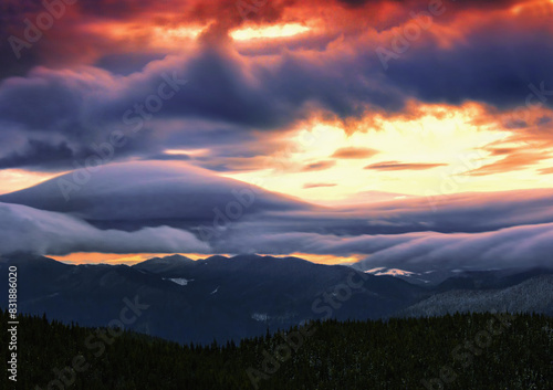 stunning autumn scene in mountains, autumn morning dawn, nature colorful background, Carpathians mountains, Ukraine, Europe	 photo