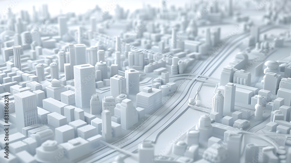 3d rendering of white map scene with city roads buildings top view isometric perspective