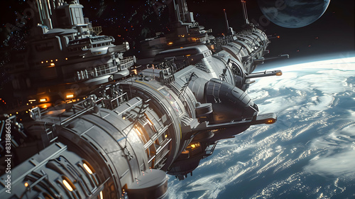 Fototapeta Naklejka Na Ścianę i Meble -  An intricate scene of a spacecraft docking at an orbital space hotel, with the curvature of the Earth visible below and the stark lighting casting dramatic shadows on the sleek, futuristic structures.