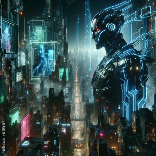 Idea of  futuristic  Artificial Intelligence and cityscapes combination Robot and upcoming new world Robot and cyberpunk idea Robot and world communication theme.