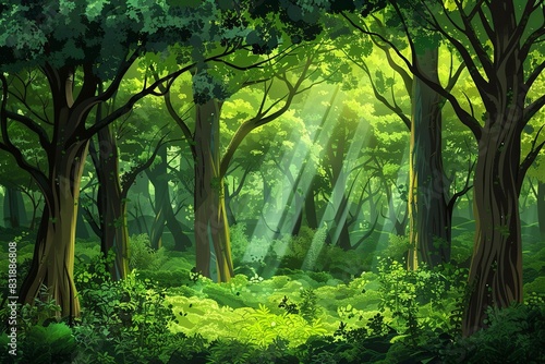 A majestic forest painting bursting with vibrant shades of green and a multitude of towering trees creating a harmonious and tranquil scene.