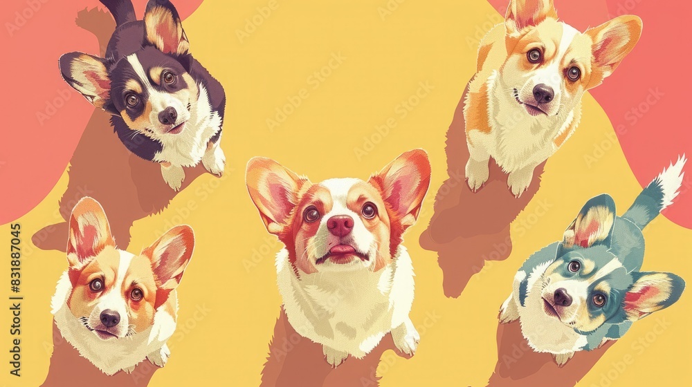 Obraz premium Five adorable corgi dogs looking up at the camera with bright, playful expressions. Perfect for pet, dog, or happiness themes.