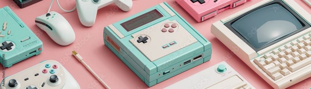 Retro gaming devices on a pink background. Retro gaming devices on a pink background.