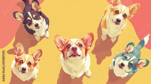 Five adorable corgi dogs looking up at the camera with bright, playful expressions. Perfect for pet, dog, or happiness themes.