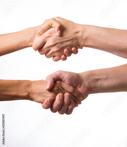 Friendly handshake, friends greeting, teamwork, friendship. Two hands, helping arm of a friend, teamwork. Closeup. Helping hand outstretched, isolated arm, salvation. Close up help hand.

