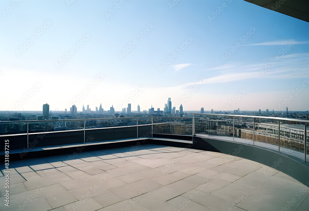 An empty terrace balcony on penthouse NY,Madrid,London with plants windows carpet Augmented reality mockup pattern frame