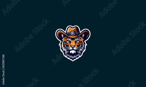 head tiger wearing hat cowboy vector flat design logo