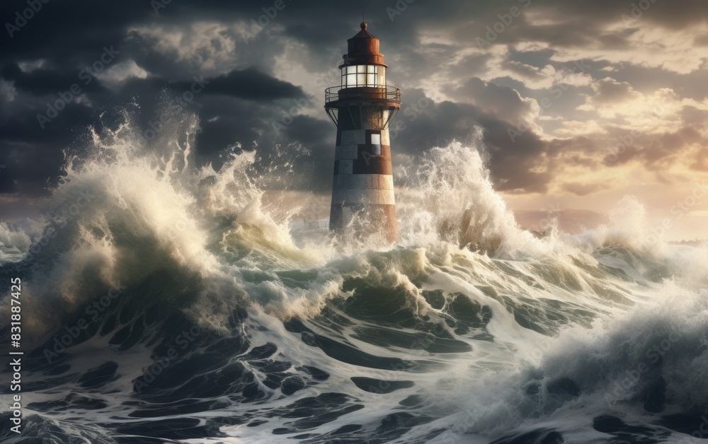A solitary lighthouse standing resilient amid a stormy sea, waves crashing dramatically, CG 3D rendering with hyper-realistic textures and dynamic lighting