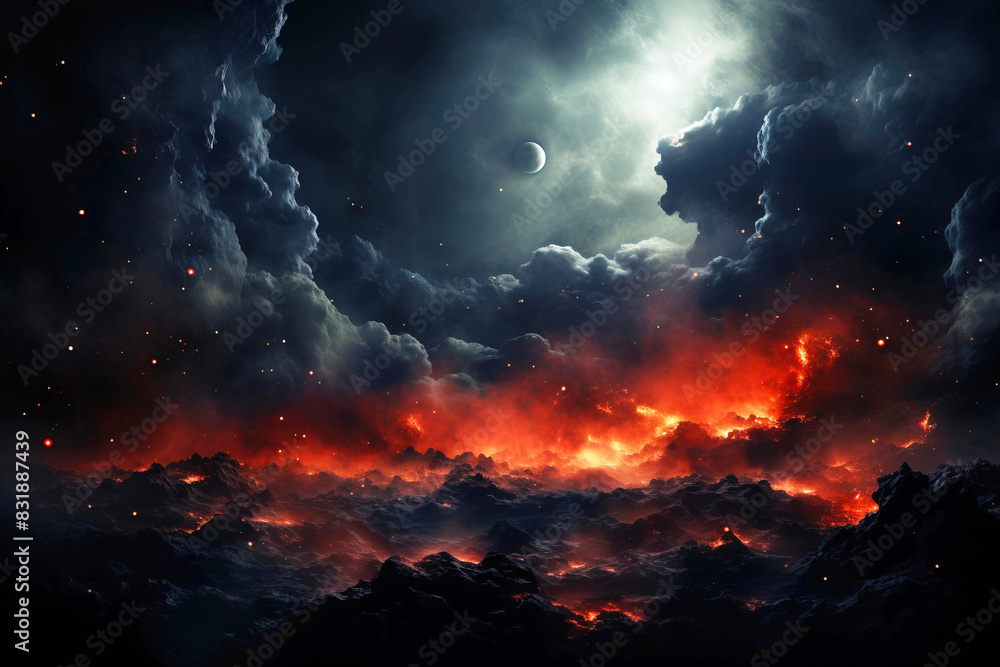 Naklejka premium Deep space with nebulae, star galaxies. Astronomical universe colored landscape. AI generated.