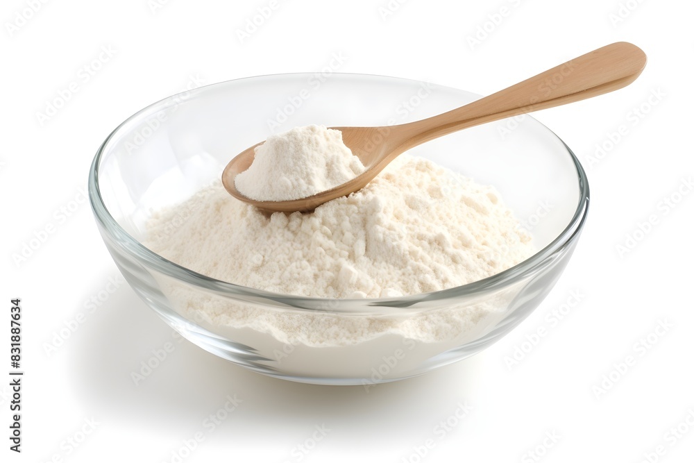 a clear glass bowl filled with a powdered ingredient, likely flour, and a wooden spoon resting on top