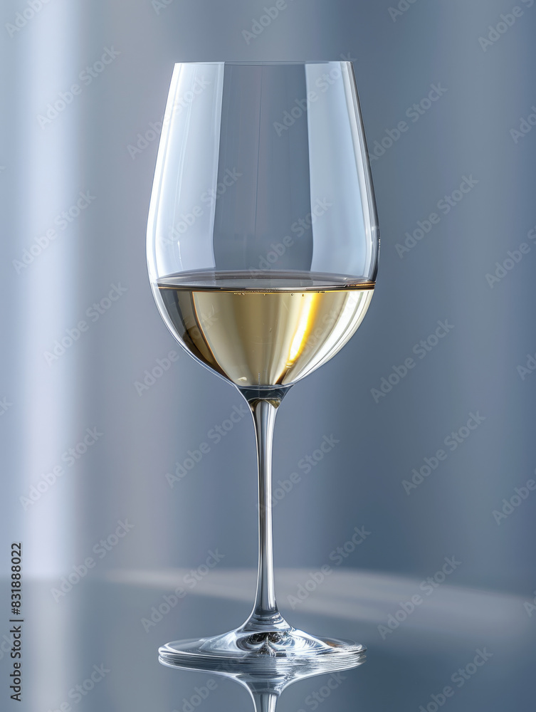 A glass of white wine on a reflective surface.