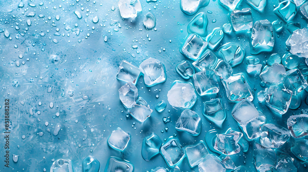 Ice cubes covered in water droplets are displayed on a bright blue surface Ice cubes covered in water droplets are displayed on a bright blue surface