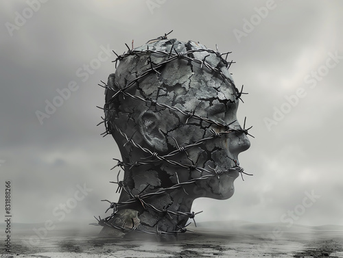 A head made of stone with cracks and barbed wire wrapped around it. The background is a grey sky and cracked earth pain photo
