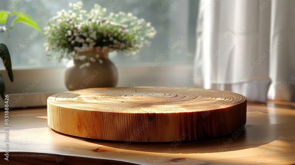 Soft sunlight envelops the wooden pedestal, creating a tranquil atmosphere Soft sunlight envelops the wooden pedestal, creating a tranquil atmosphere
