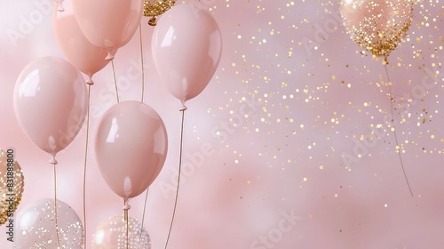A soft blush pink background with floating pastel balloons and golden glitter sprinkling down, perfect for a gentle baby girl birth announcement.