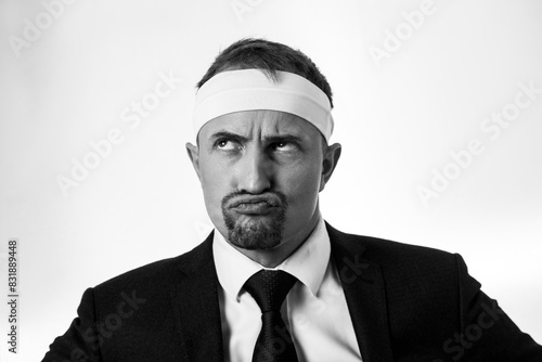 Young businessman standing. Sport man. Funny face. Male. 
