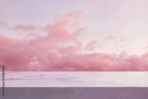 Empty table marble surface against a backdrop of pink cloudy sky, creating a serene and elegant setting for product displays or artistic visuals.