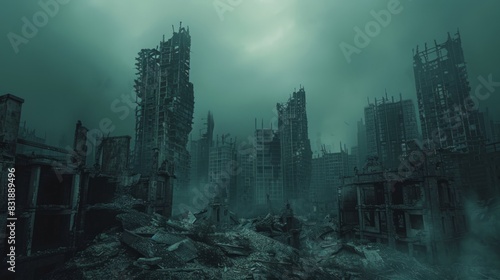 Surreal 3D illustration of dystopian societies, showcasing a surreal and nightmarish cityscape with twisted architecture, oppressive structures, and a hauntingly surreal atmosphere, all framed in a