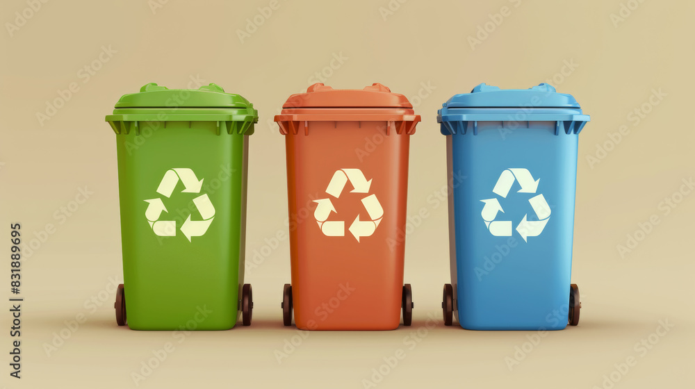 Three recycling bins in green, orange, and blue with recycling symbols. Three recycling bins in green, orange, and blue with recycling symbols.