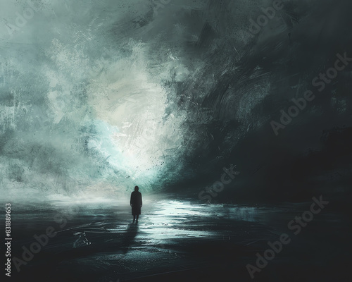 A dark figure stands alone in a vast, foggy landscape