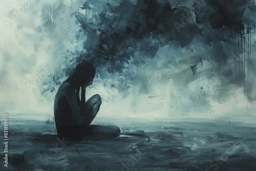A dark figure sits on a beach, head in hands. The figure is surrounded by a dark cloud. The water is choppy and the sky is dark. The figure is alone and looks very sad.