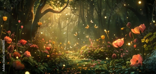 Create a captivating Bio-Luminescent Garden scene with glowing flowers and plants in a magical forest setting, with fireflies twinkling overhead photo