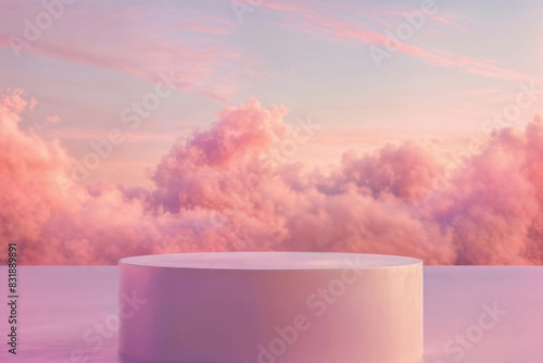 Pink round platform set against a backdrop of dreamy pink clouds, creating a serene and elegant setting perfect for product displays and artistic visuals.