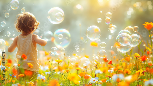 A child is running in the sun, surrounded by colorful flowers and playful bubbles. 