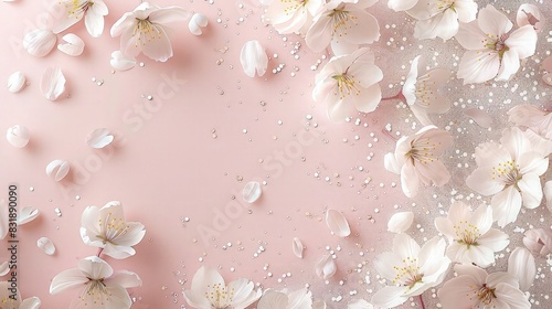 A soft blush pink vertical background adorned with sparkling white cherry blossoms and subtle silver glitter, perfect for a gentle baby girl birth announcement.
