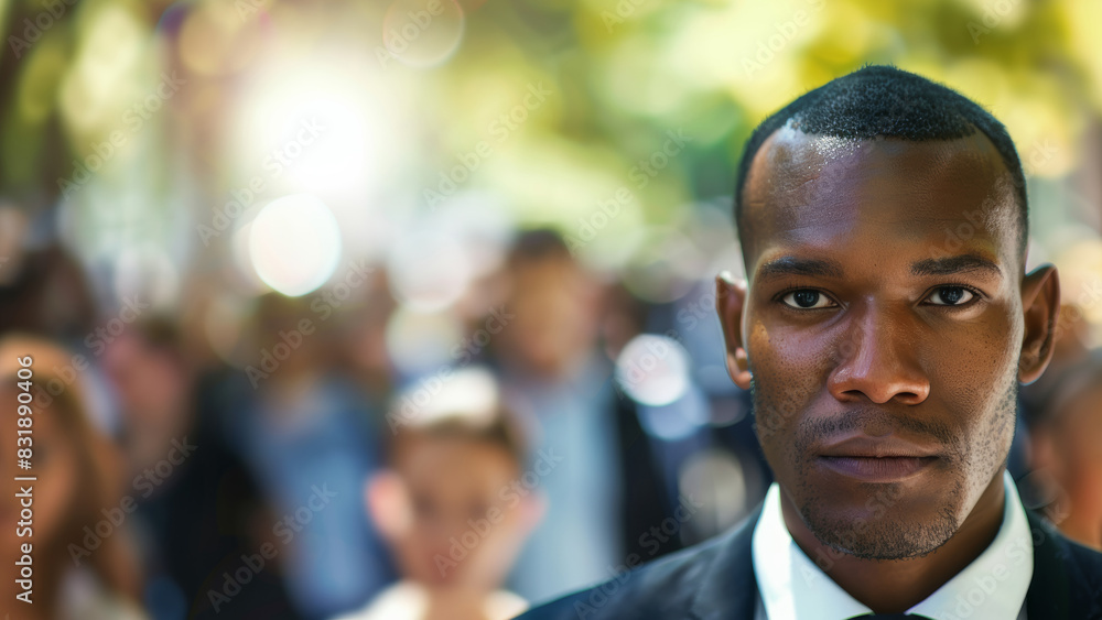 Intense gaze of a man in a crowd, standing out with clarity amidst urban blur. Intense gaze of a man in a crowd, standing out with clarity amidst urban blur.