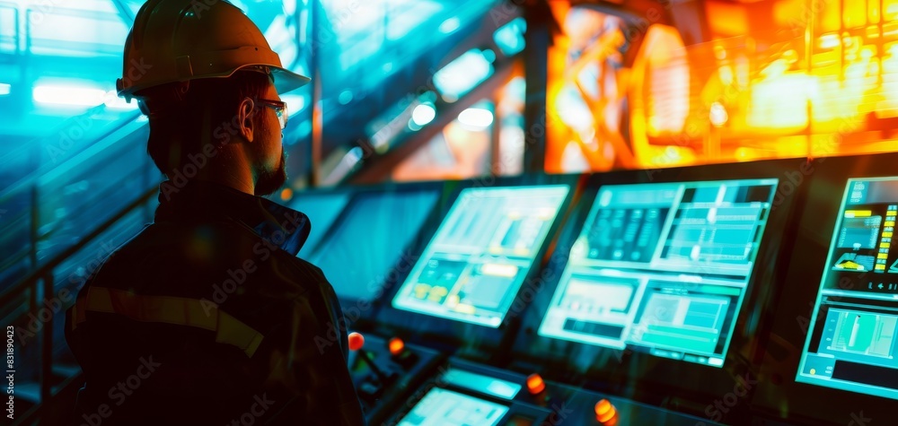 Steel production with automated systems close up, focus on, copy space, vibrant colors, Double exposure silhouette with control panels