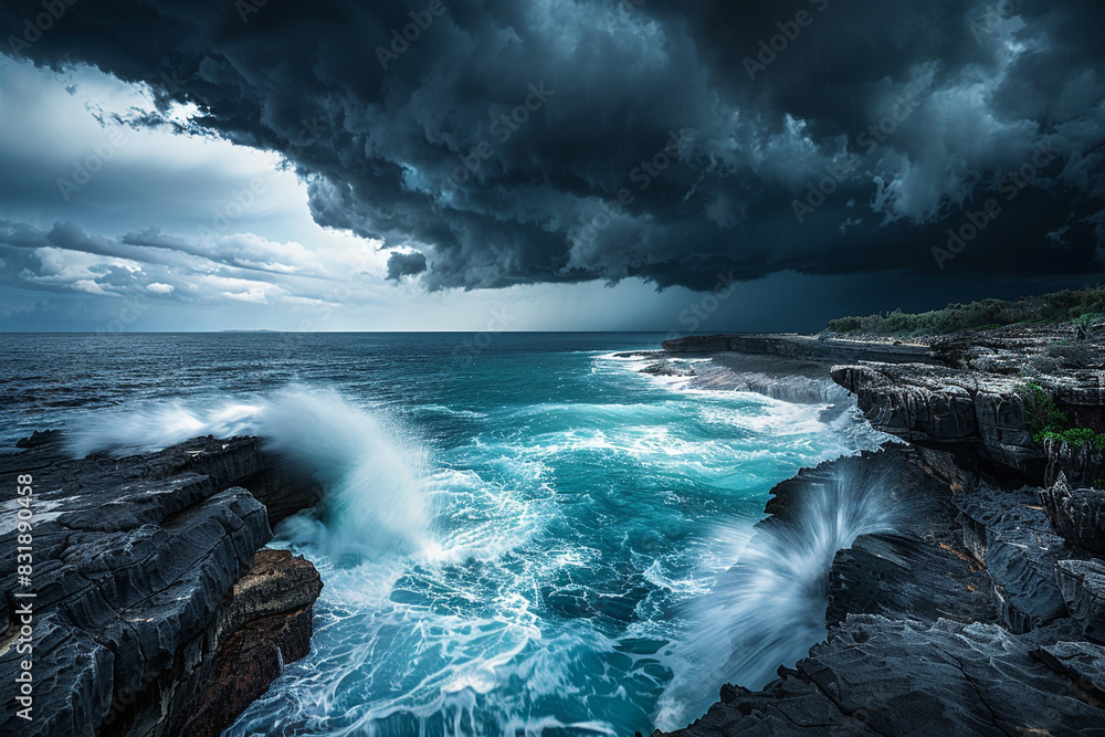 A dramatic storm rolling in over the ocean