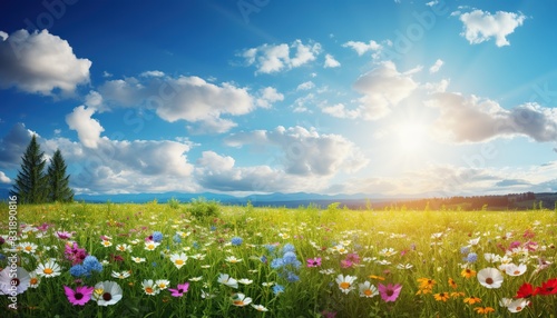 Green summer landscape field with wildflowers  sunny day  happiness of freedom