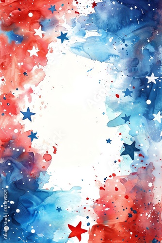 Watercolor frame with red, white, and blue elements, 4th of July celebration, ample copy space for text, vibrant and festive