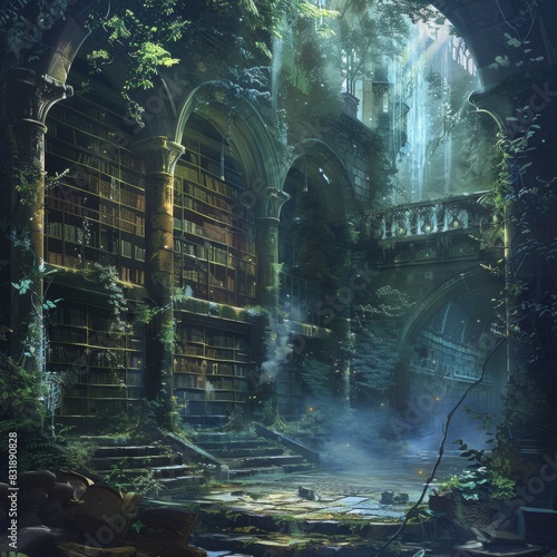 A mystical library hidden in a magical forest  filled with ancient scrolls and mysterious artifacts shrouded in mist  ideal for a fantasy novel illustration